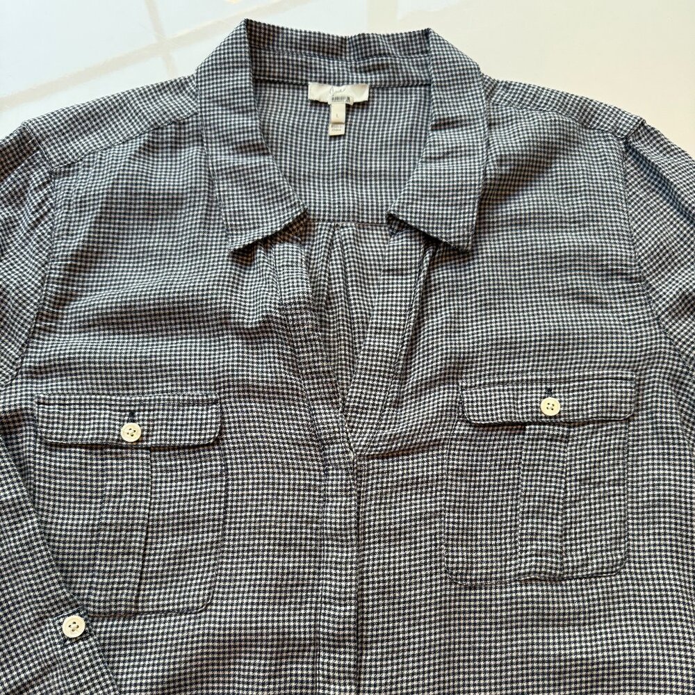 Joie Blue & White checked V-neck Blouse - L